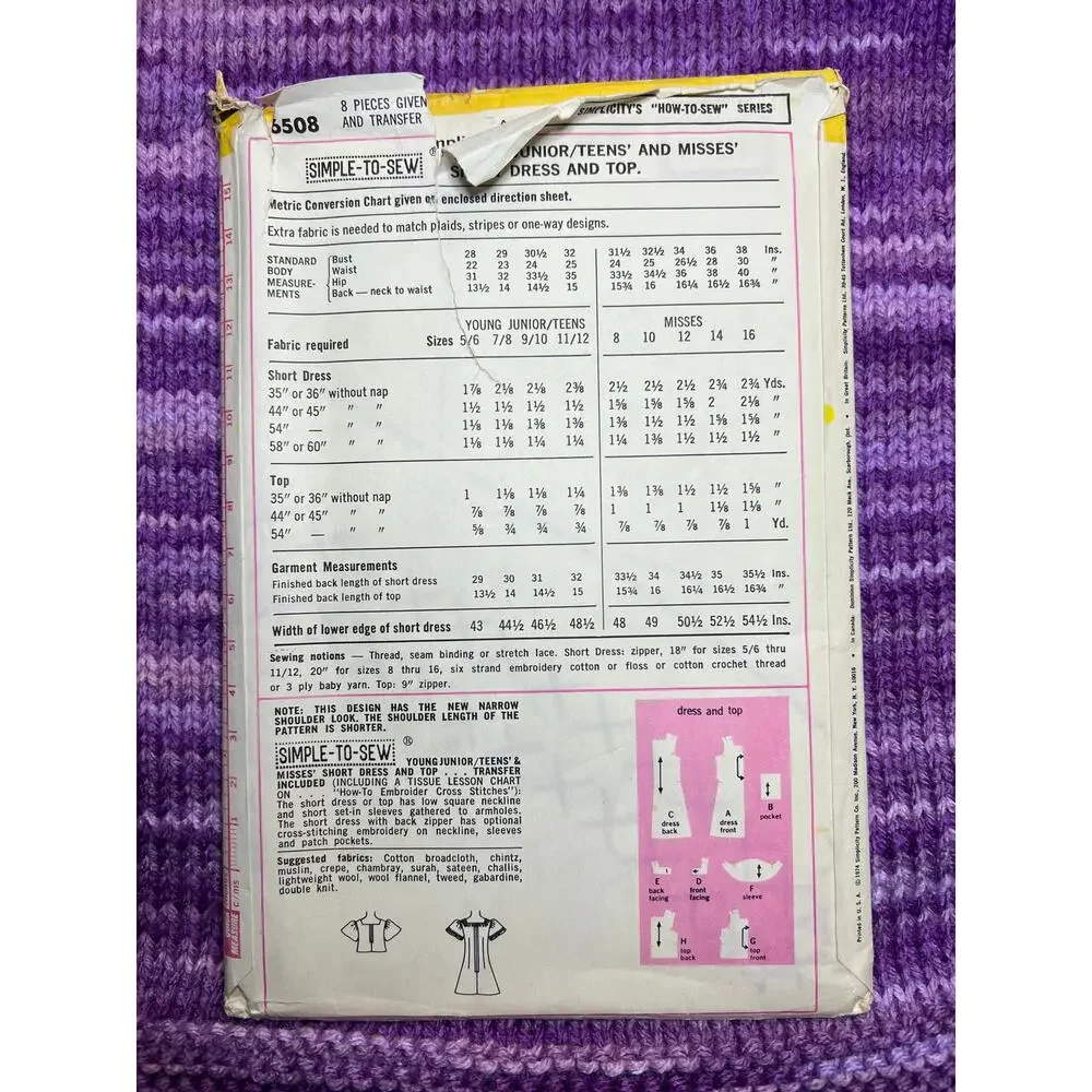 Simplicity 6508 sewing pattern Dress top peasant square top size 16